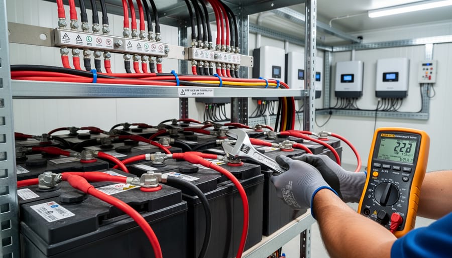 Close-up of electrician making secure battery terminal connections with proper tools