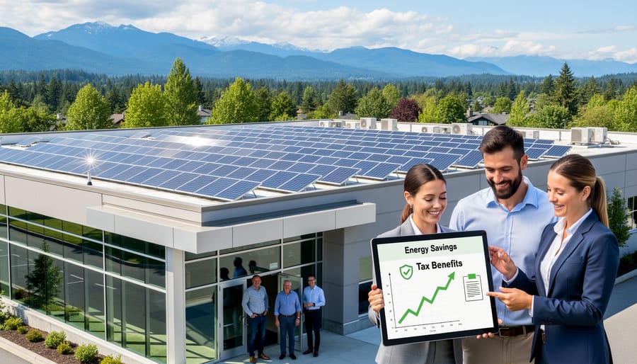 Commercial solar panel array installed on warehouse roof in British Columbia