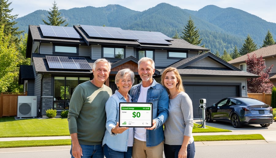 BC family standing in front of their net-zero energy home with solar panels