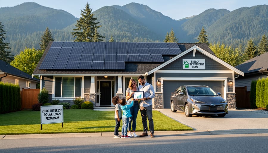 Family standing in front of their BC home with solar panels installed on roof