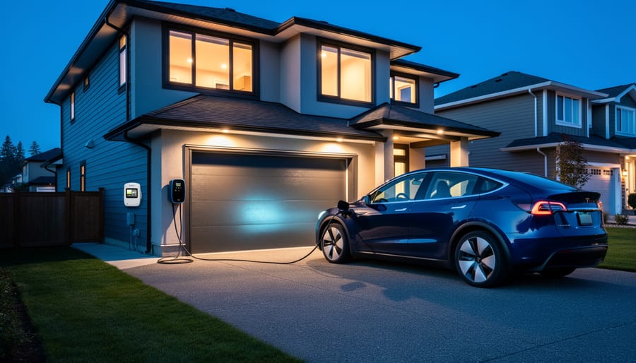 Electric vehicle plugged into home charging station on residential garage wall