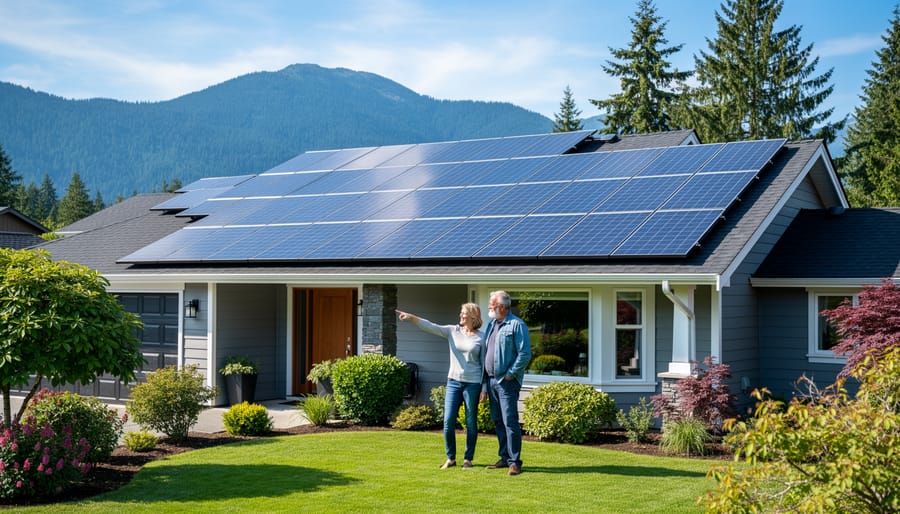 Modern British Columbia home with solar panels installed on roof surrounded by trees
