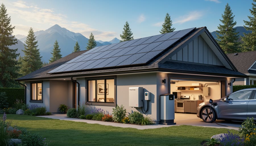 Beautiful BC home with solar panel system installed on rooftop at sunset