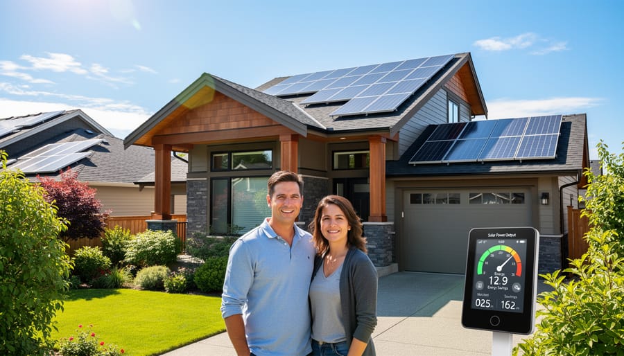BC homeowner viewing solar panel installation on residential roof with mountains in background