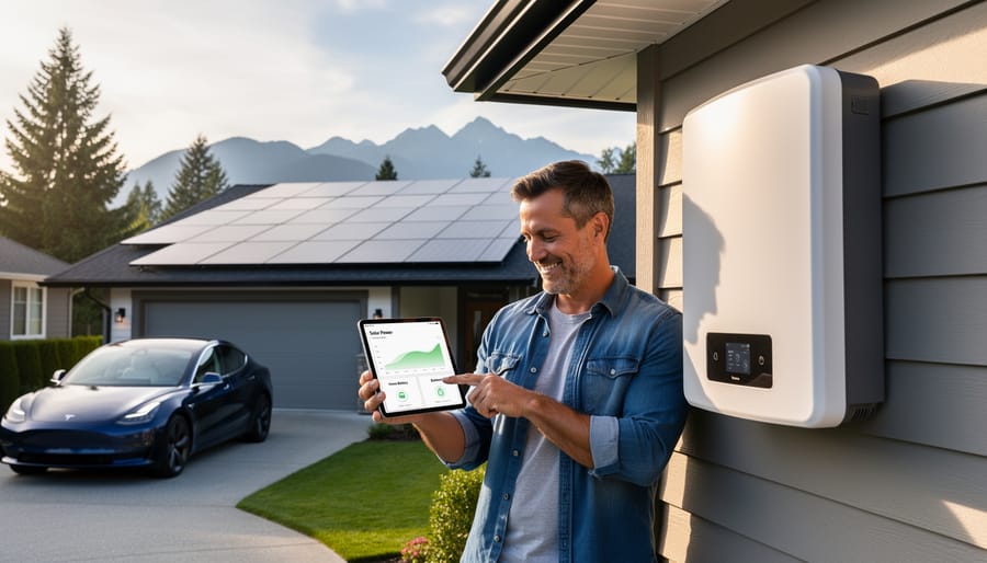 Couple reviewing energy data in modern kitchen with solar panels visible outside