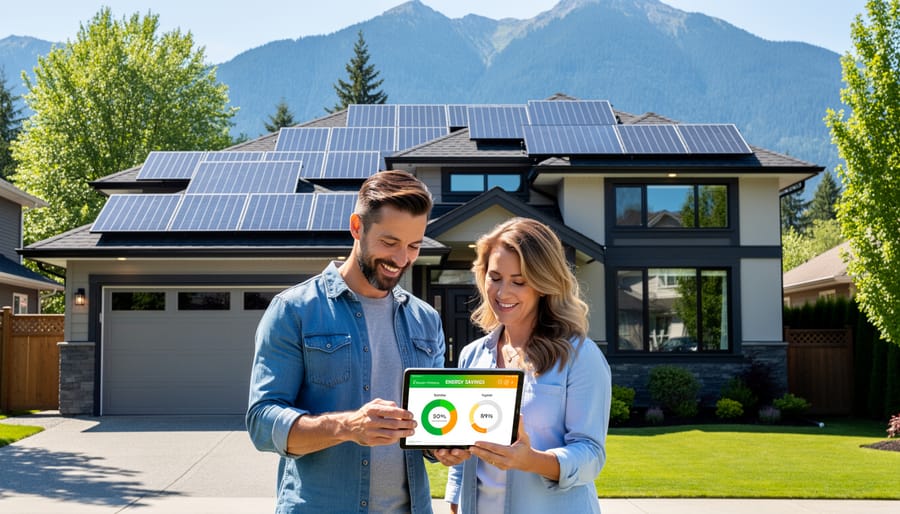 BC family standing in front of their home with solar panels on the roof
