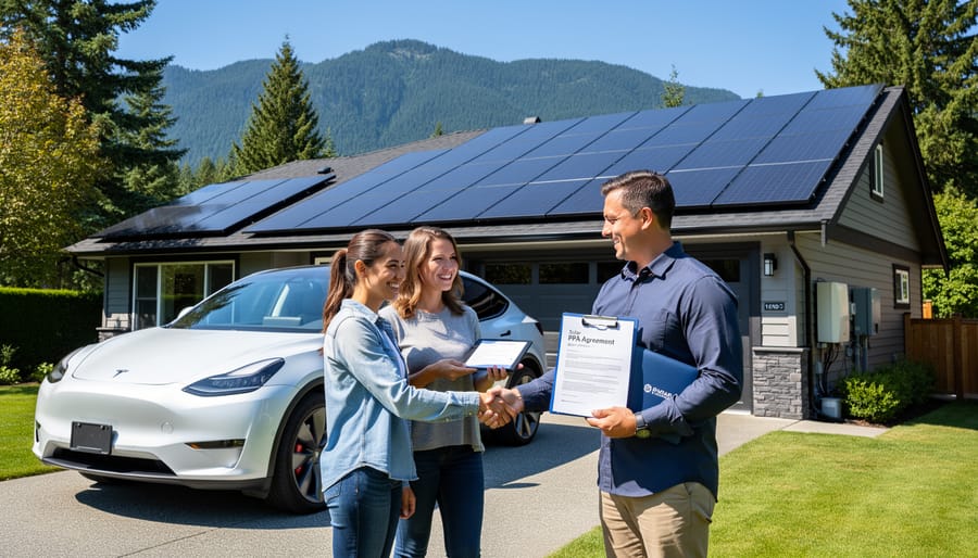 Happy BC homeowners standing in front of their home with rooftop solar panels