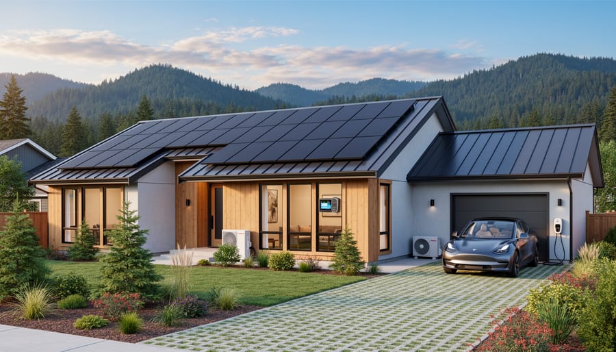 Contemporary BC home with complete solar panel installation on roof