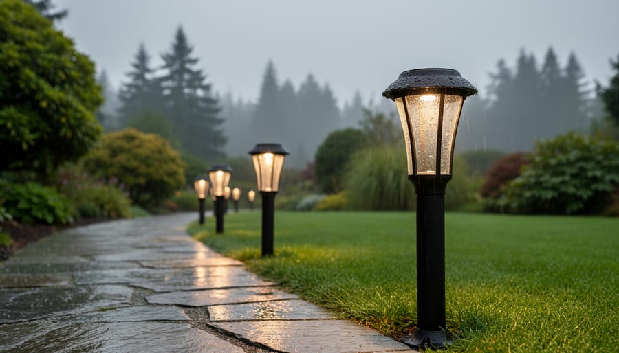 Solar pathway lights illuminating stone walkway under overcast sky with evergreen trees in background