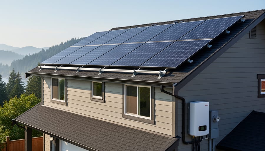 Solar panels mounted on residential roof showing installation components and hardware