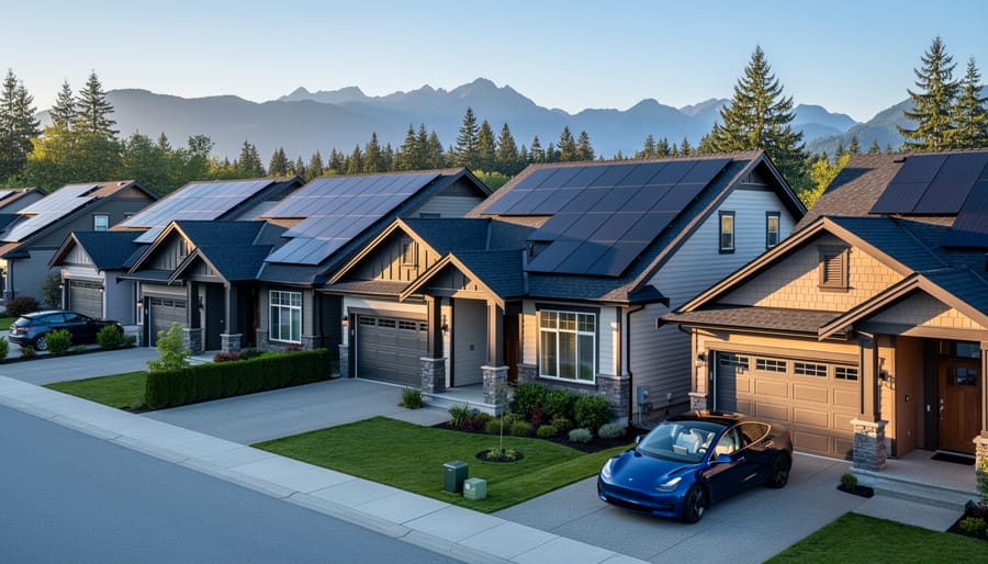 Residential solar panels installed on BC home rooftop with mountains in background