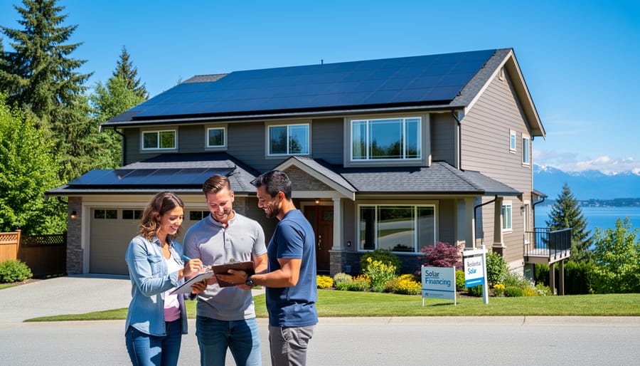 Solar panels installed on residential rooftop under blue sky