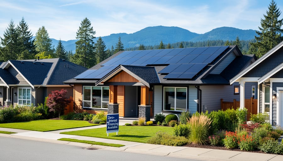 Solar panels installed on residential roof with British Columbia mountains in background