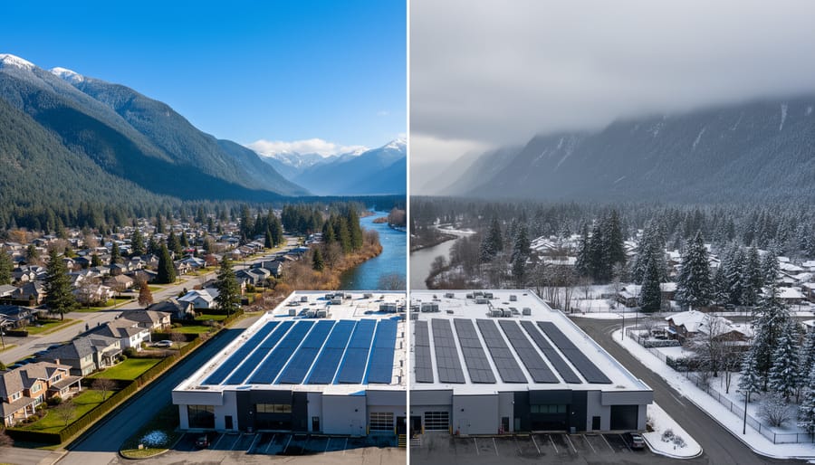BC neighborhood with solar panels under partly cloudy skies showing seasonal weather conditions