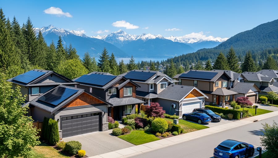 Solar panel installer working on rooftop with British Columbia mountains in background