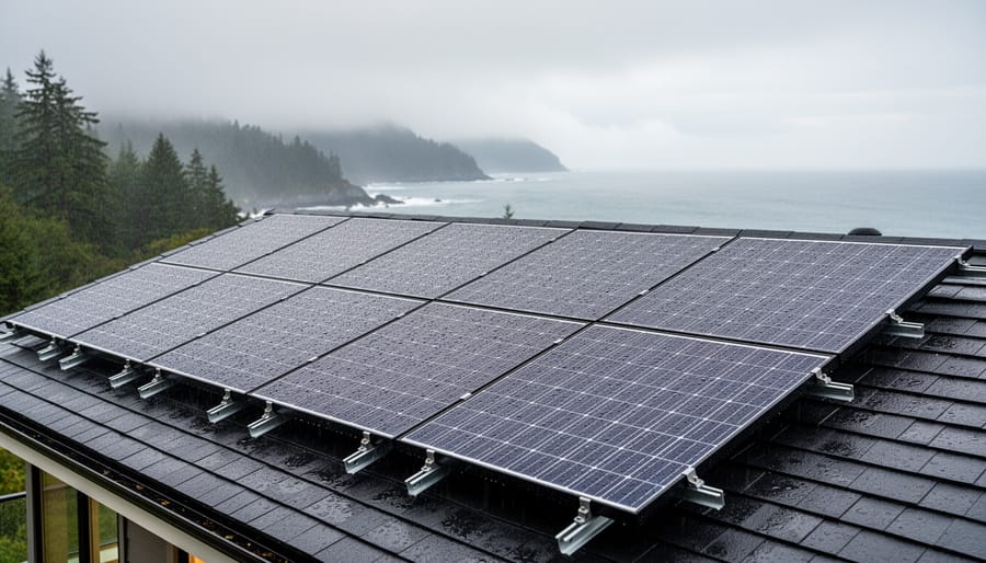 Solar panels installed on residential roof with BC forest landscape in background