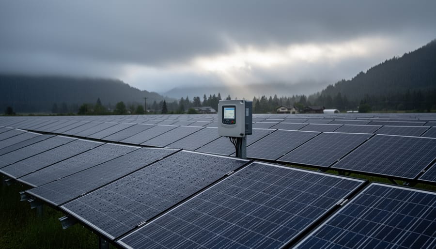 Solar panels installed on residential roof under cloudy British Columbia sky