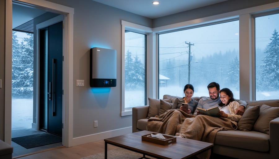 BC home with lights on during winter storm showing backup power capability