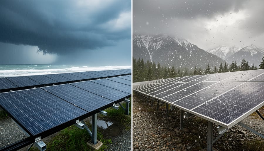 Solar panels on roof during stormy weather with dark clouds overhead