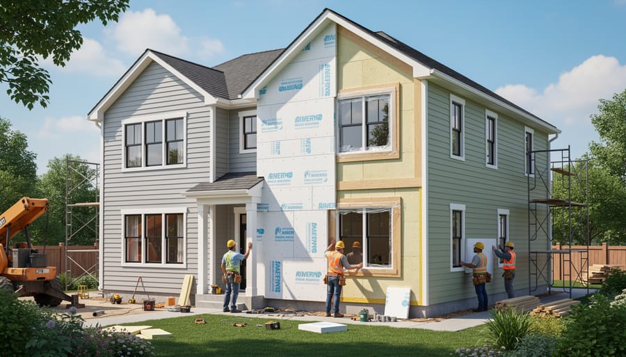 Construction workers installing exterior insulation on multi-unit residential building