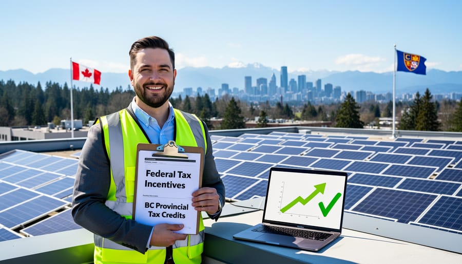 Business owner reviewing financial savings from commercial solar tax credits