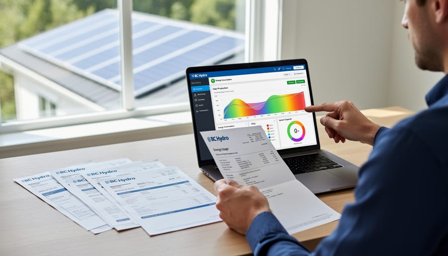 Person reviewing electricity bill and solar system monitoring data on laptop