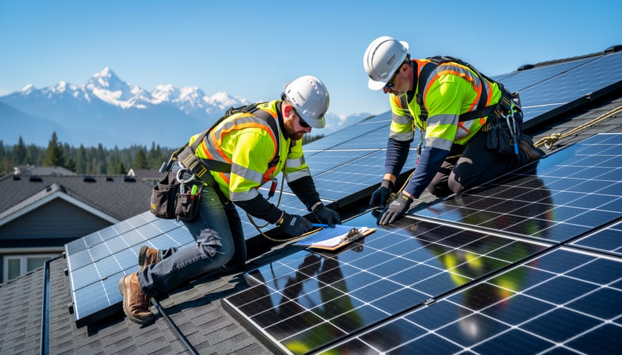 Professional solar installer working on rooftop solar panel installation