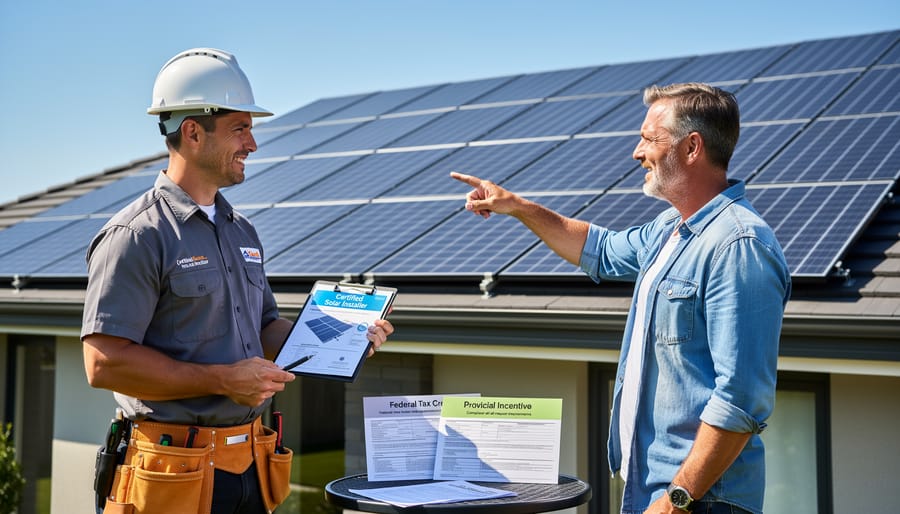 Homeowner inspecting solar panel installation on residential roof