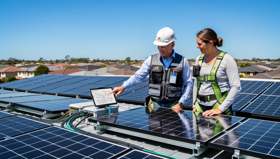 Certified solar installer inspecting rooftop solar panel installation