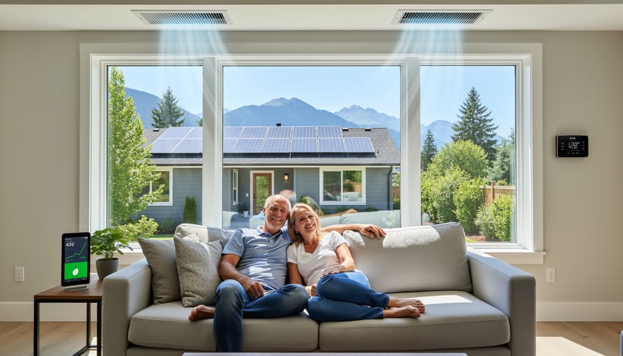 Family enjoying air conditioned comfort in solar-powered home interior