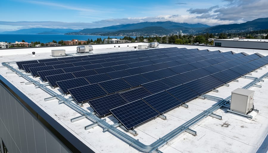 Aerial view of commercial building with 500-watt solar panel array installation