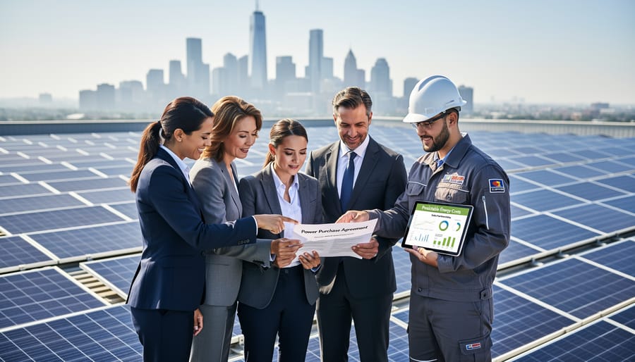 Business owner and solar provider representative shaking hands with commercial solar installation in background