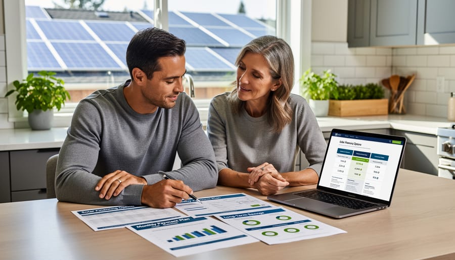 Couple reviewing financial documents together at kitchen table with laptop