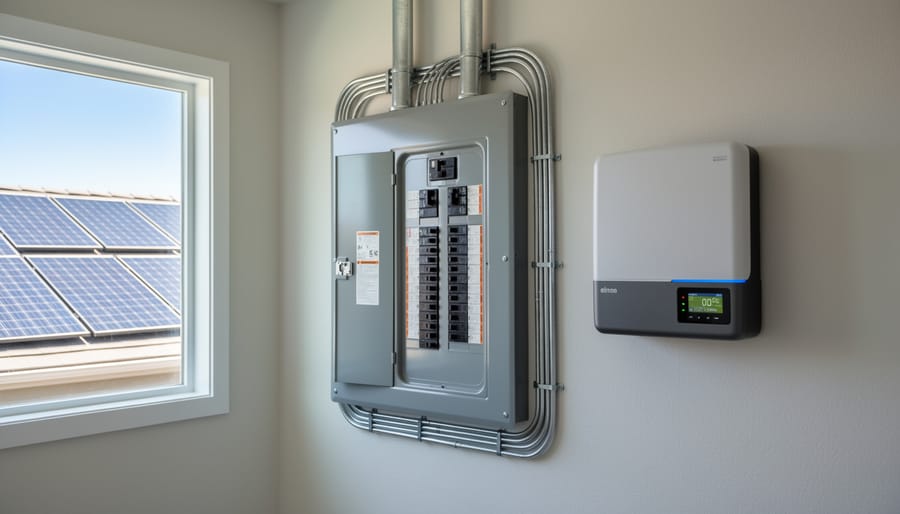Homeowner standing next to upgraded electrical panel and solar inverter on house exterior