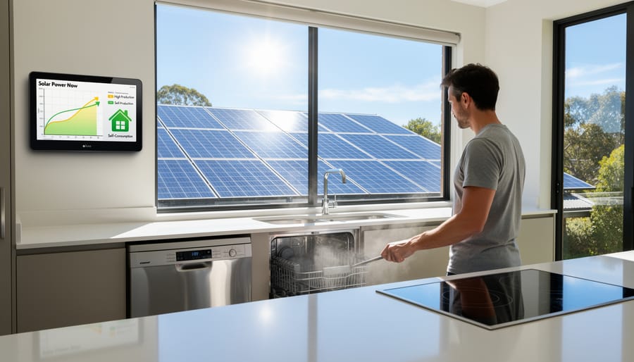 Modern home appliances in bright daylit laundry room representing strategic daytime energy use