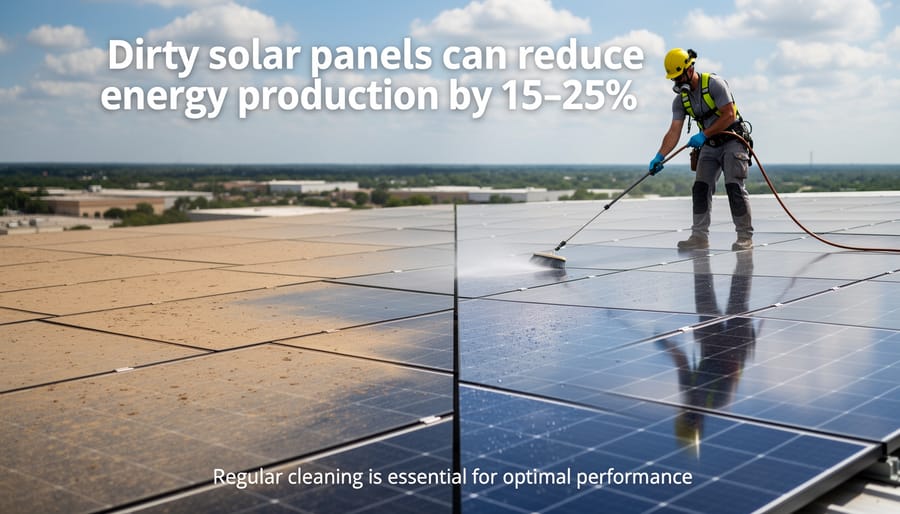 Solar panels on residential roof showing accumulated dirt and debris reducing efficiency