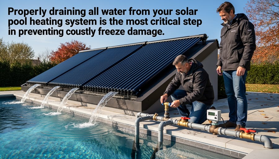 Hands operating valve to drain water from solar pool heater system