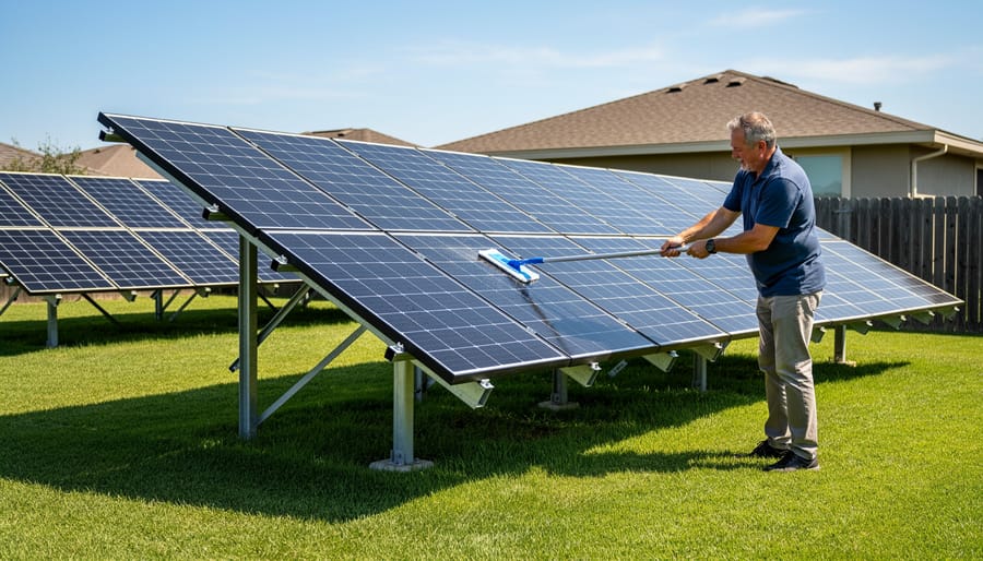 Homeowner easily maintaining ground-mounted solar panels from ground level