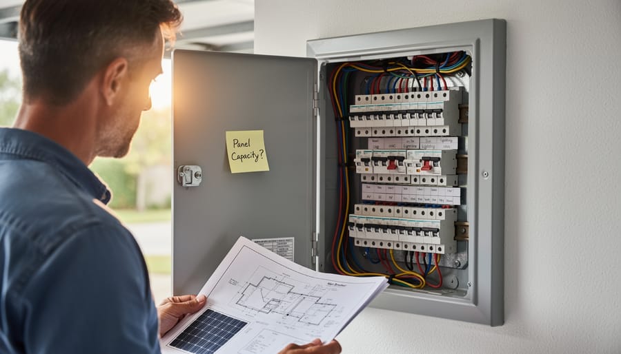 Open residential electrical panel showing circuit breakers and amperage rating