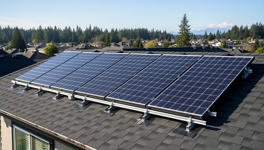 Four solar panels installed in parallel configuration on residential rooftop with trees in background