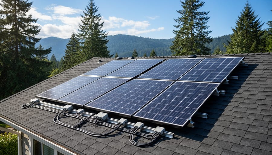 Four solar panels installed on residential roof with wiring connections visible