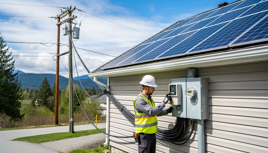 Utility technician inspecting residential electrical meter connection for solar installation