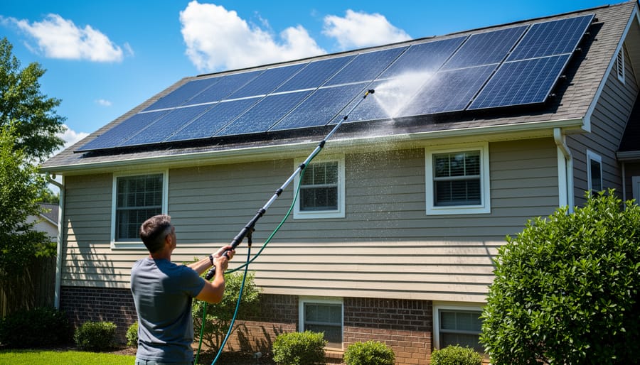 Person using extended water-fed pole to clean rooftop solar panels while standing safely on ground