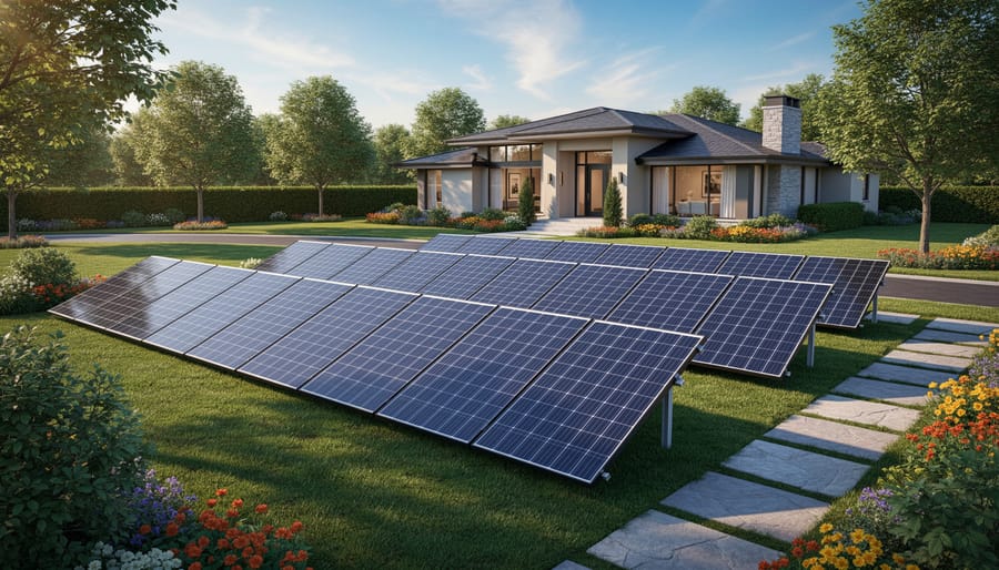 Ground-mounted solar panel array installed in BC residential backyard with mountains in background