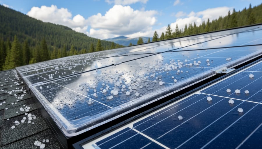 Close-up detail of protective cover installed on solar panel showing mounting hardware