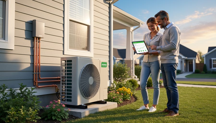 Resident adjusting modern ductless heat pump unit in affordable housing apartment