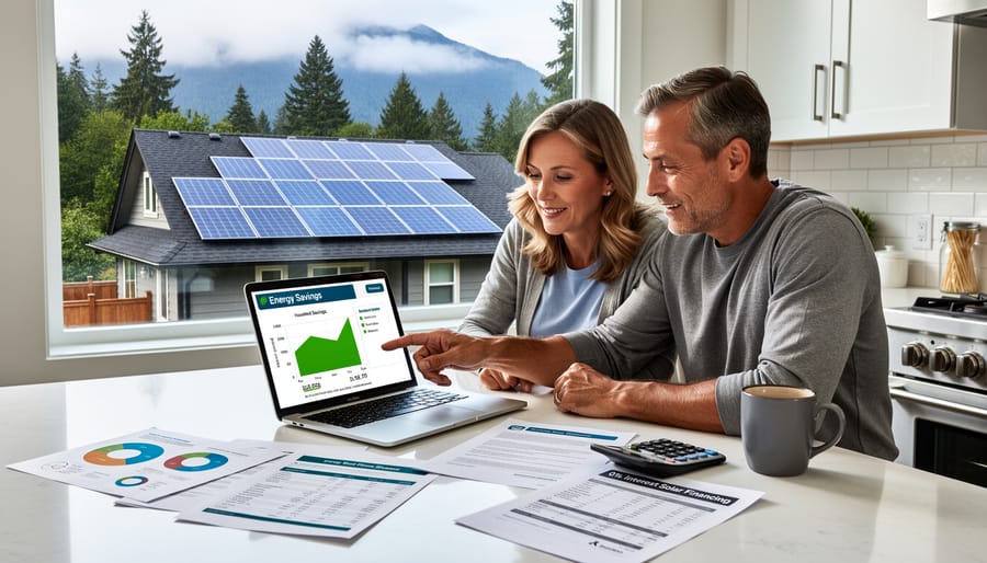 Couple reviewing solar financing documents together at home