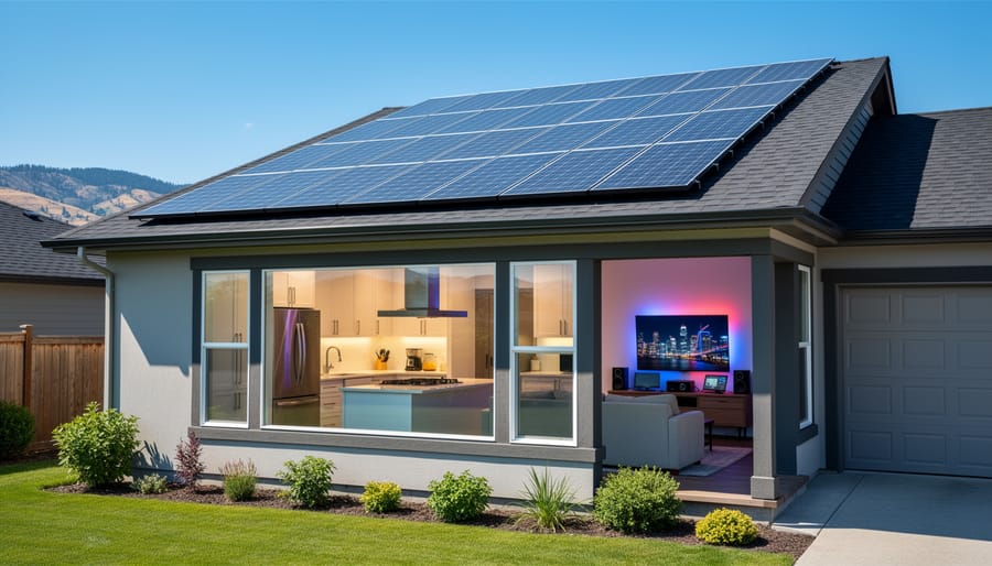 Family using various household appliances and electronics in modern kitchen