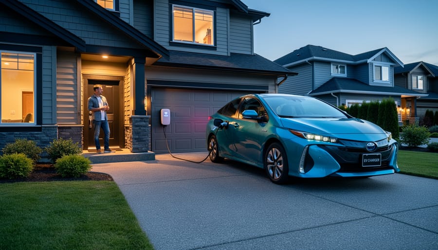 Plug-in hybrid vehicle charging at home driveway with wall-mounted charging station
