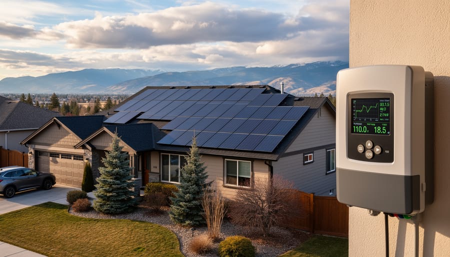 Residential home in Kelowna BC with solar panel installation and mountain backdrop